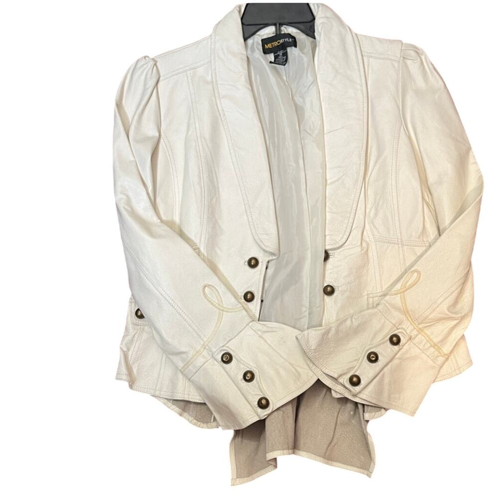 VTG Y2K Metrostyle White Genuine Leather Victorian Peplum Statement Jacket sz 14